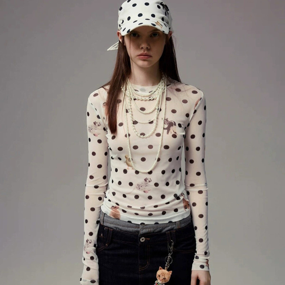 Zara Fall Animal Polka Dot Print Waist Defining Long Sleeve Cropped Top